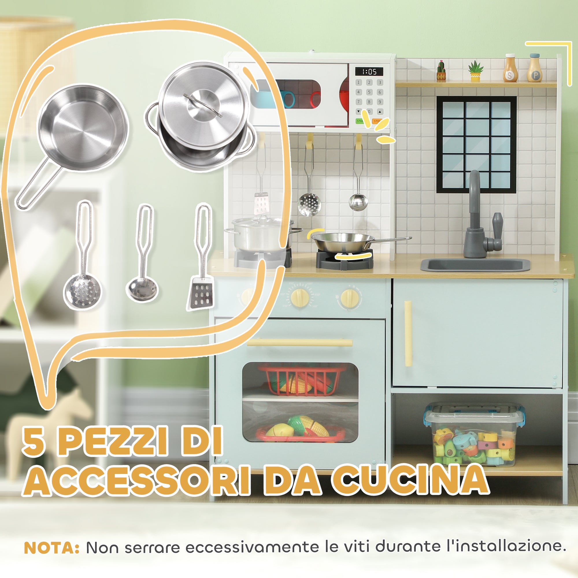 Cucina Giocattolo per Bambini con Fornelli e Armadietti Blu e Bianco