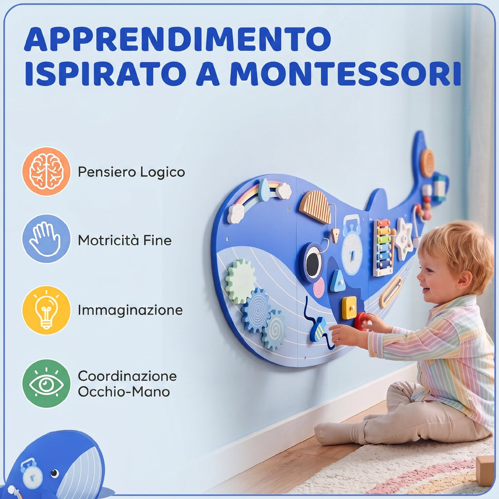 Busy Board Montessori in Legno 13 in 1 – Pannello Sensoriale da Parete per Bambini dai 2 Anni – Balena Blu
