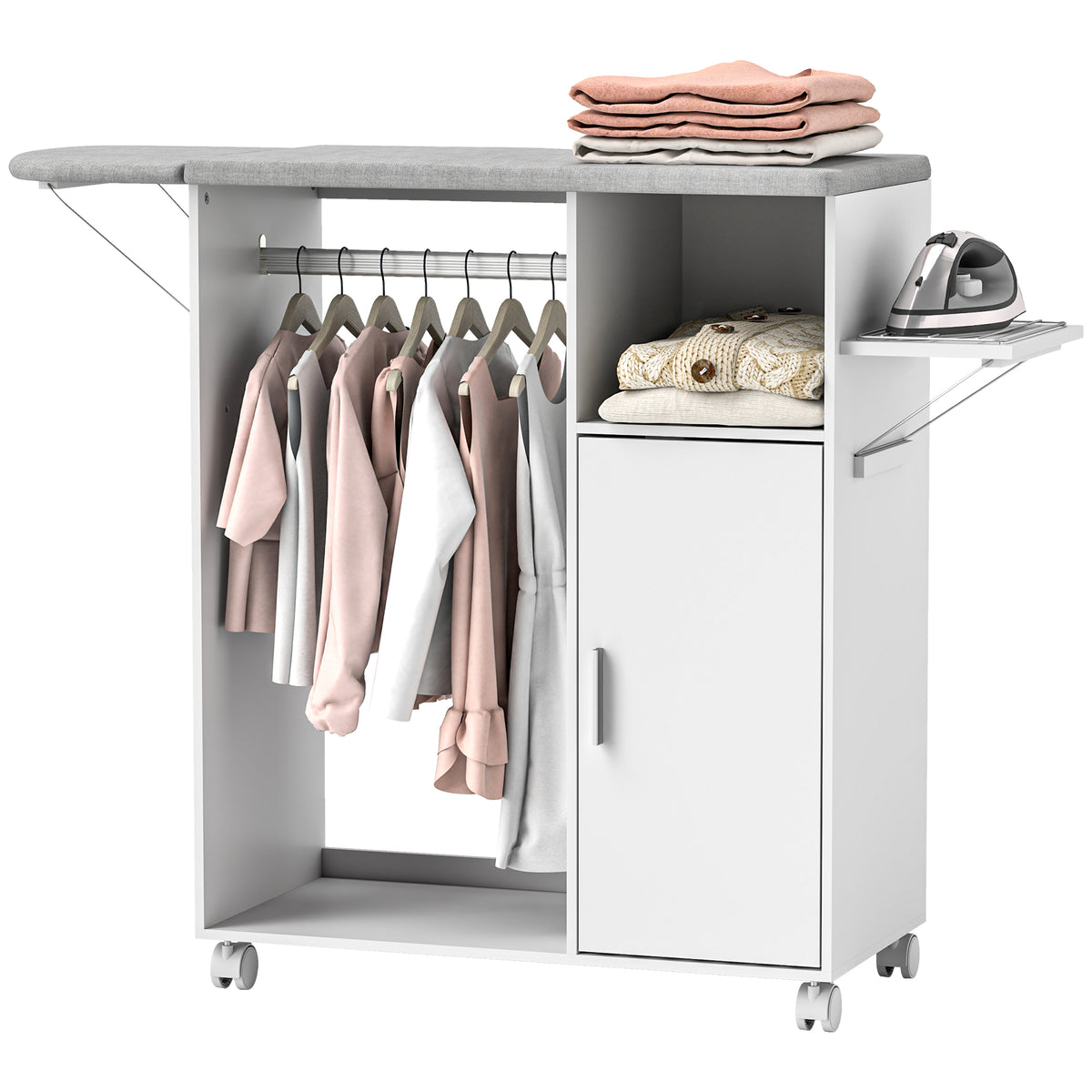 Mobile Asse da Stiro con Piano d'Appoggio, 3 Ripiani a Cubo e Guida, 127x42.5x99cm, Bianco