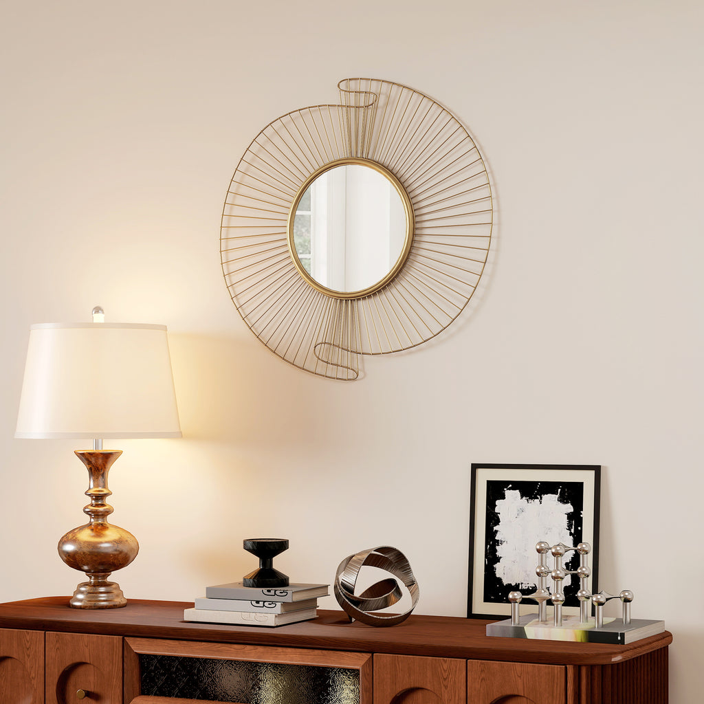 Specchio da Parete Rotondo con Cornice in Metallo Plissettata Oro 60 cm
