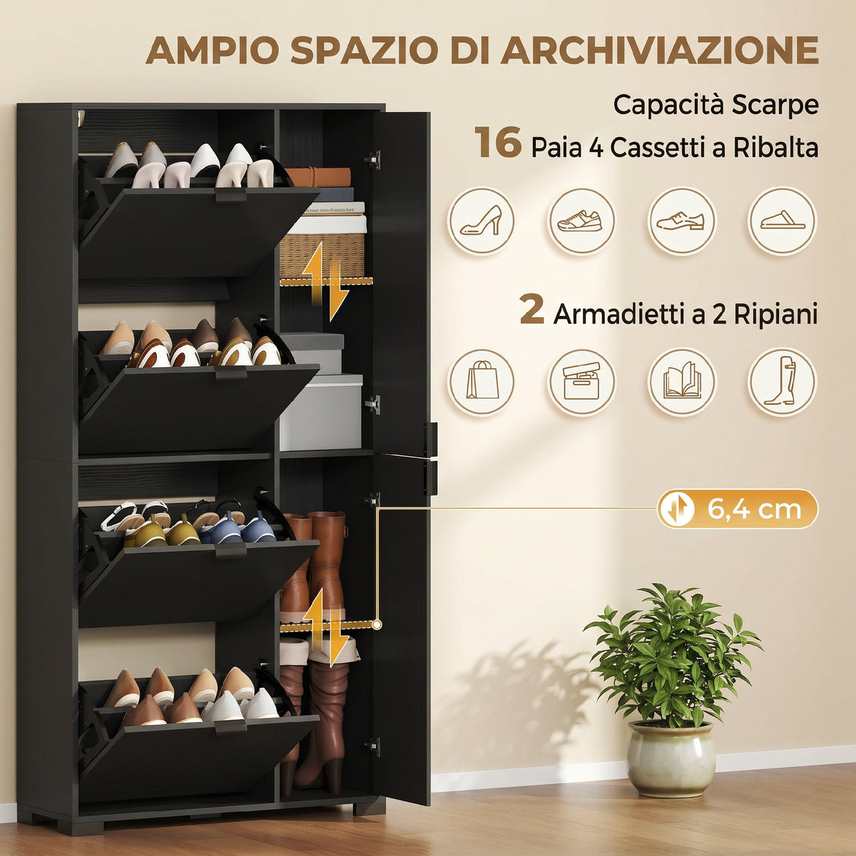 Scarpiera Nera con Specchio e 4 Cassetti Ribaltabili