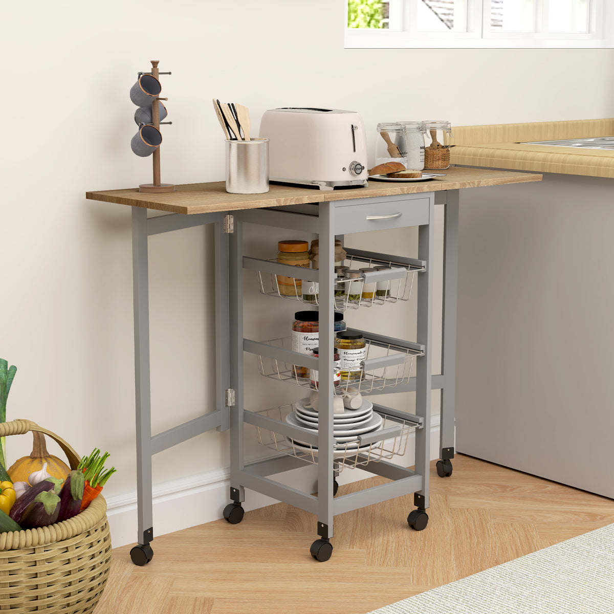 Carrello da Cucina Grigio e Rovere con 3 Cestini