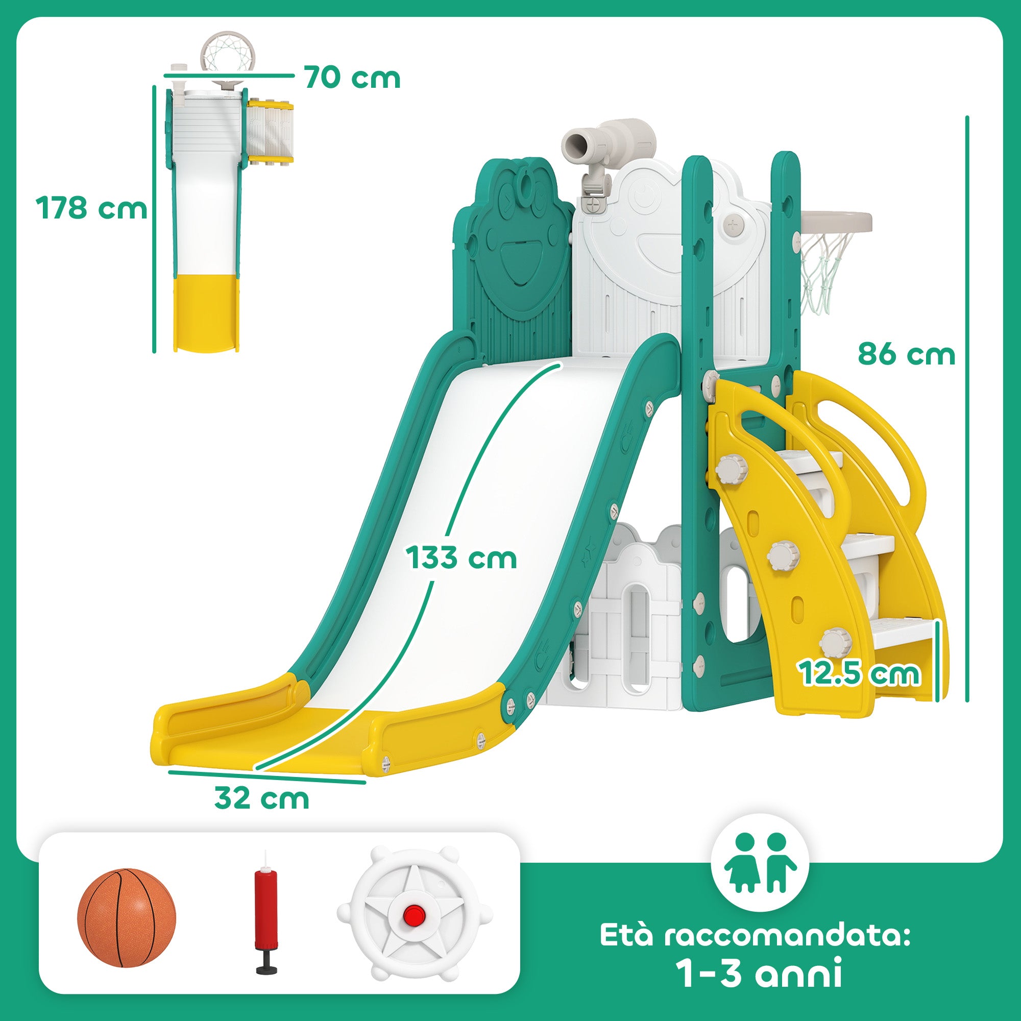Set Scivolo per Bambini 5 in 1 con Canestro, Scaletta e Telescopio Giallo