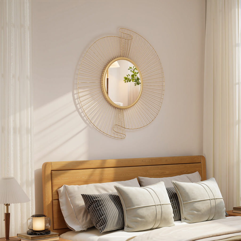 Specchio da Parete Rotondo con Cornice in Metallo Plissettata Oro 60 cm