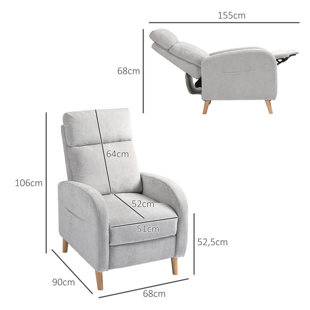 Poltrona Relax Reclinabile fino a 150° con Poggiapiedi in Tessuto Effetto Lino Grigio Chiaro