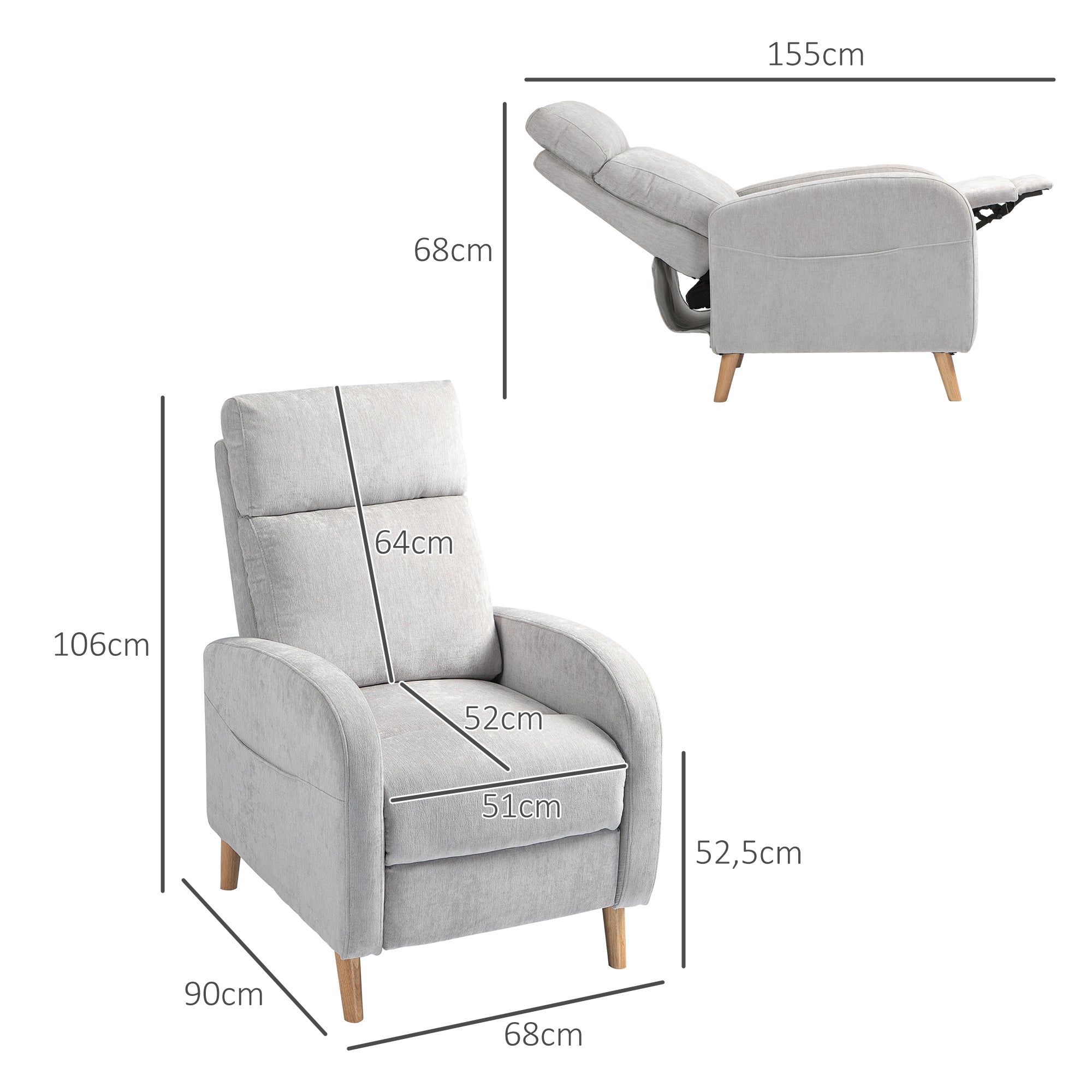 Poltrona Relax Reclinabile fino a 150° con Poggiapiedi in Tessuto Effetto Lino Grigio Chiaro