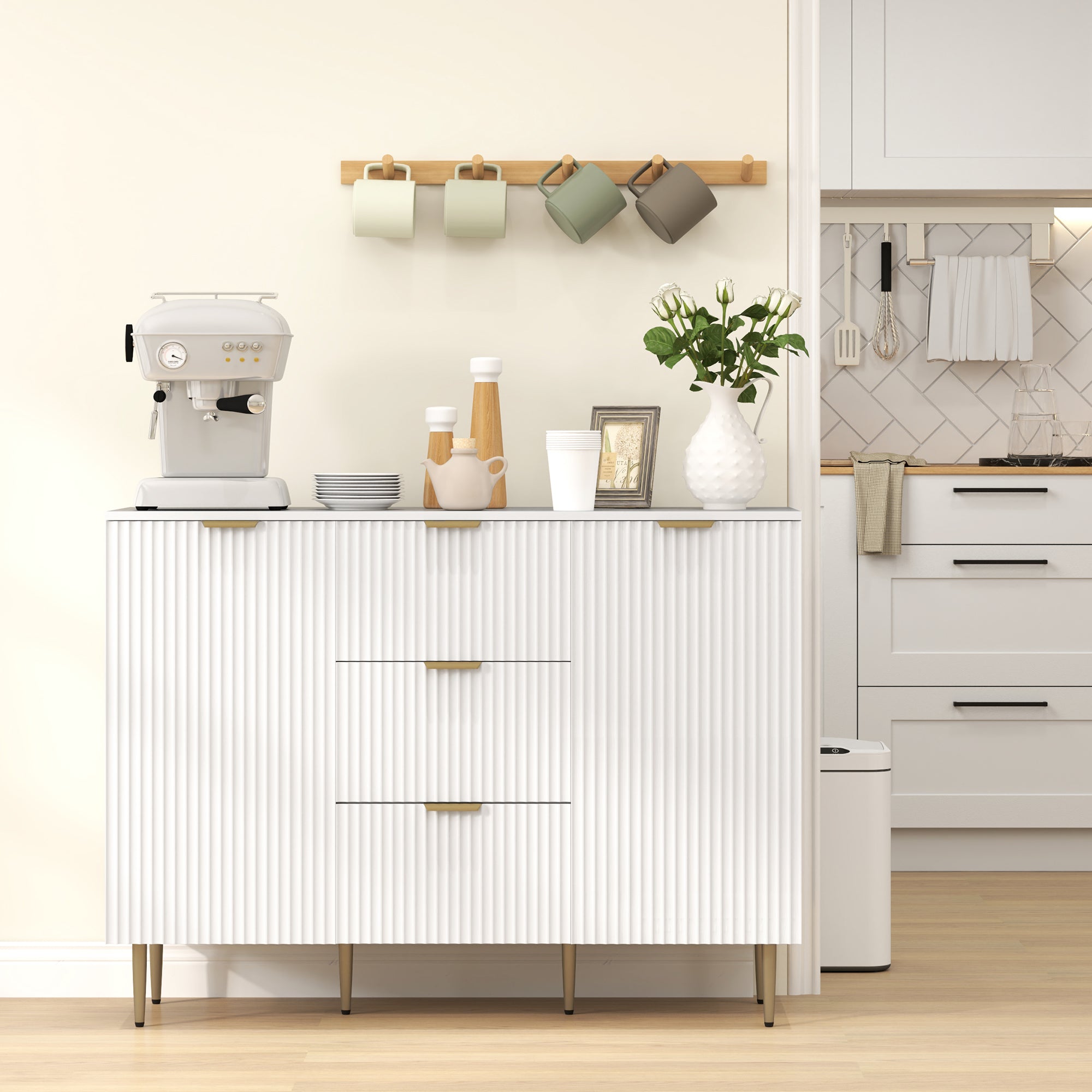 Credenza Moderna con 3 Cassetti, 2 Armadietti e Ripiani Regolabili in Legno e Metallo
