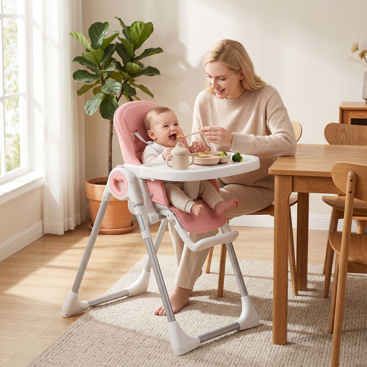 Seggiolone Pappa Pieghevole Rosa con Altezza Regolabile