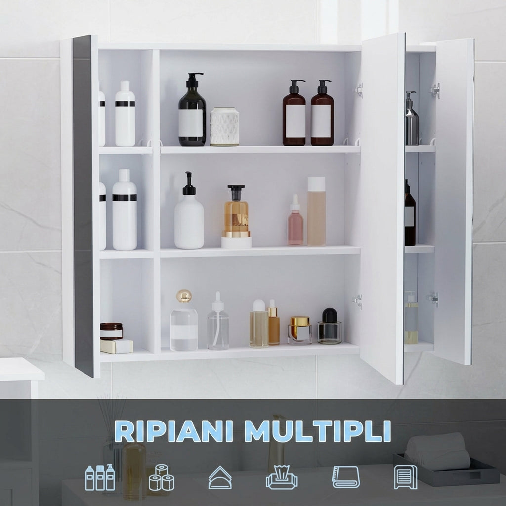 Specchio Bagno Contenitore LED 90 cm con Ripiani
