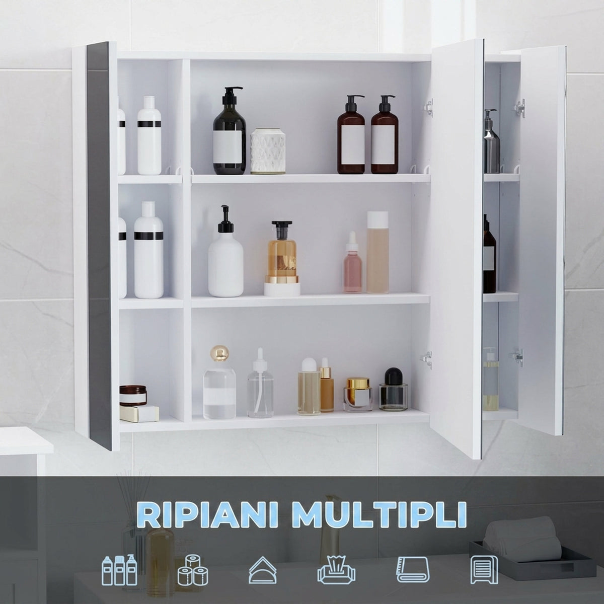 Specchio Bagno Contenitore LED 90 cm con Ripiani