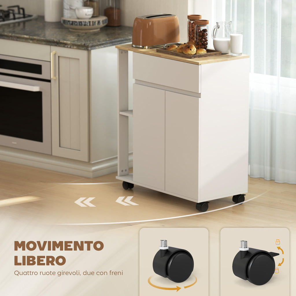 Carrello da Cucina Bianco e Rovere con Cassetto