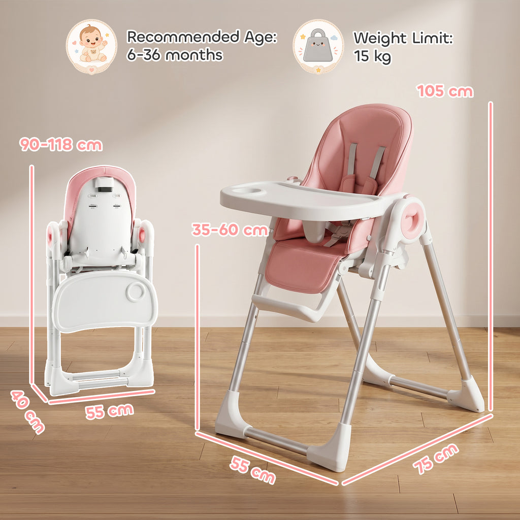 Seggiolone Pappa Pieghevole Rosa con Altezza Regolabile