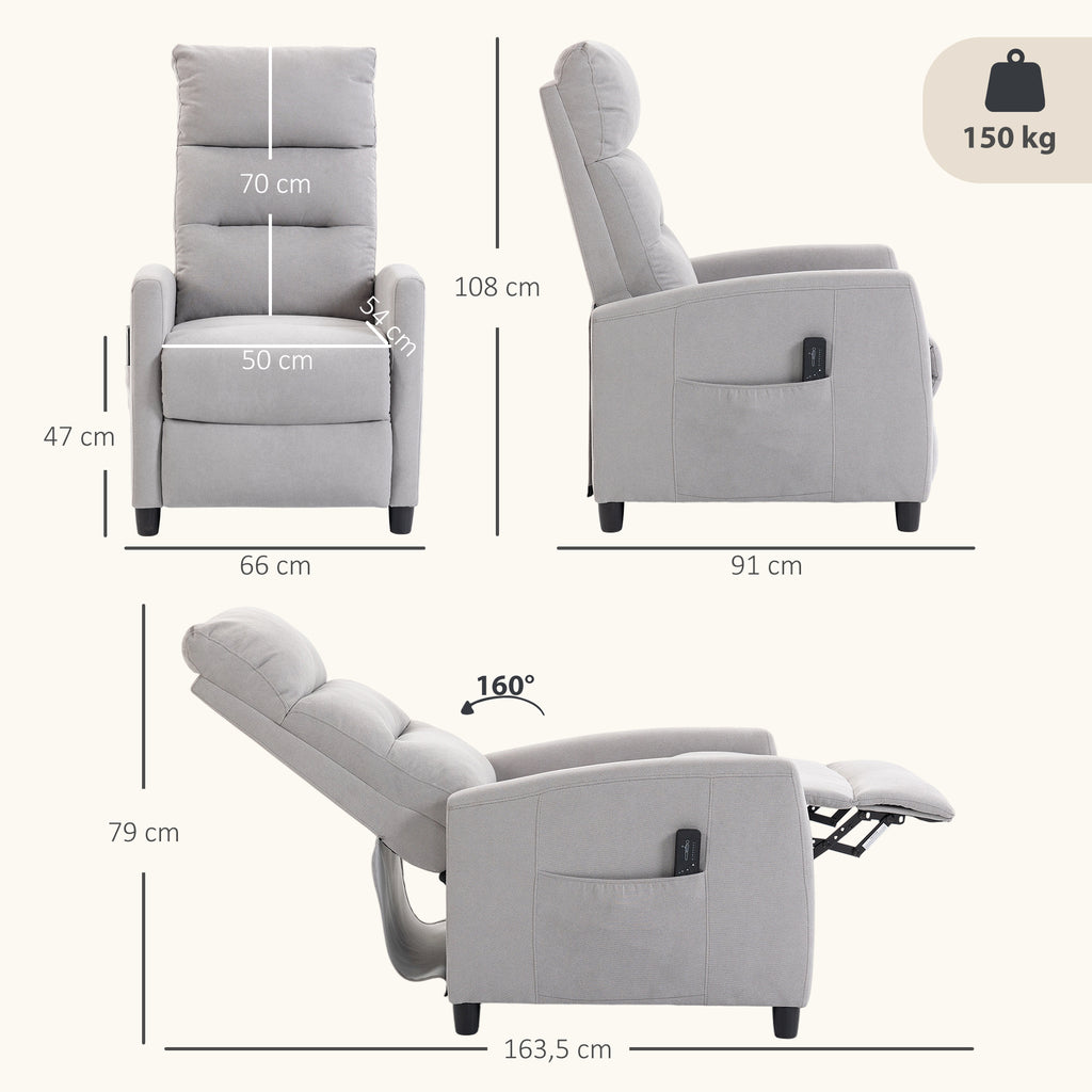 Poltrona Relax Massaggiante Reclinabile Manuale 160° in Ciniglia Grigio Chiaro
