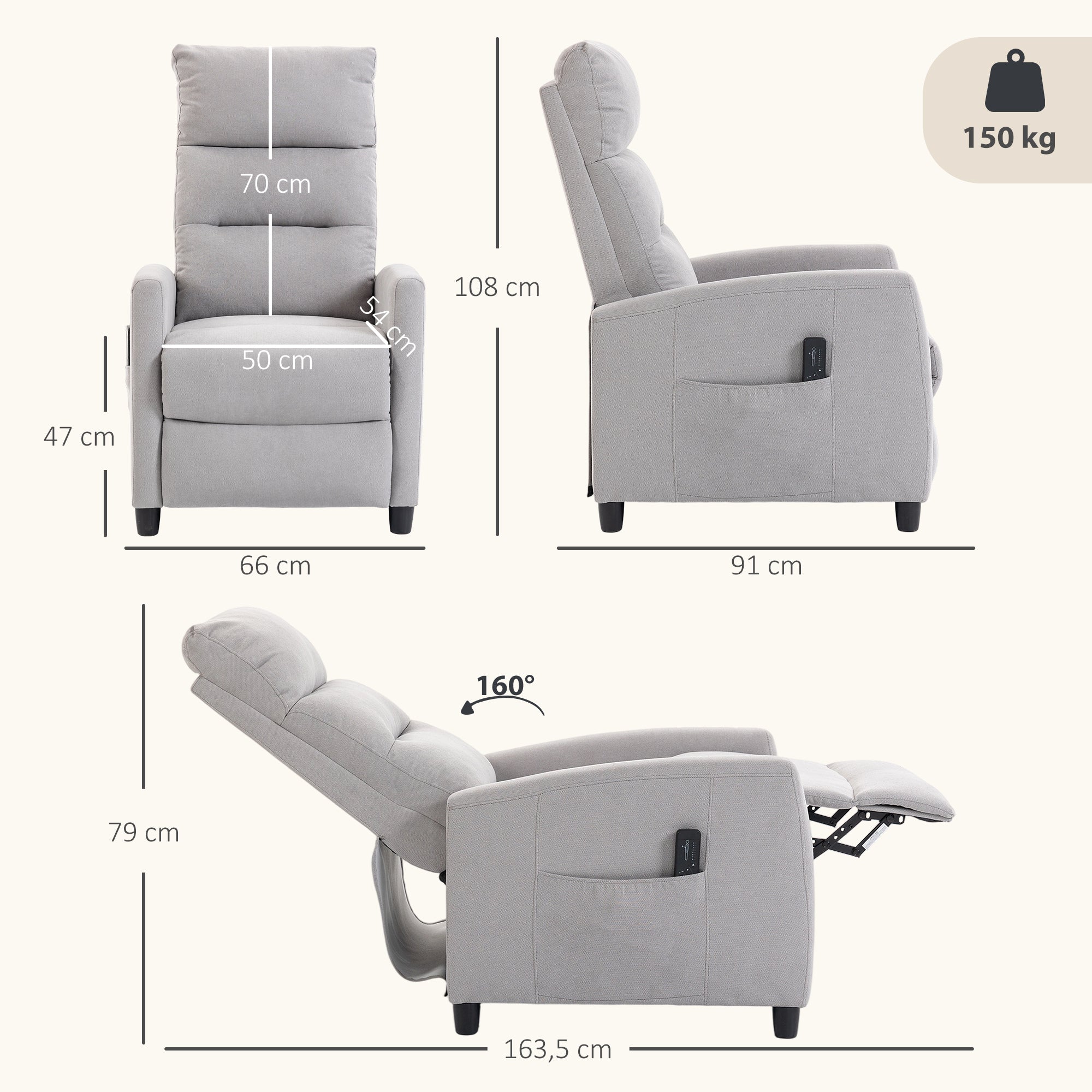Poltrona Relax Massaggiante Reclinabile Manuale 160° in Ciniglia Grigio Chiaro