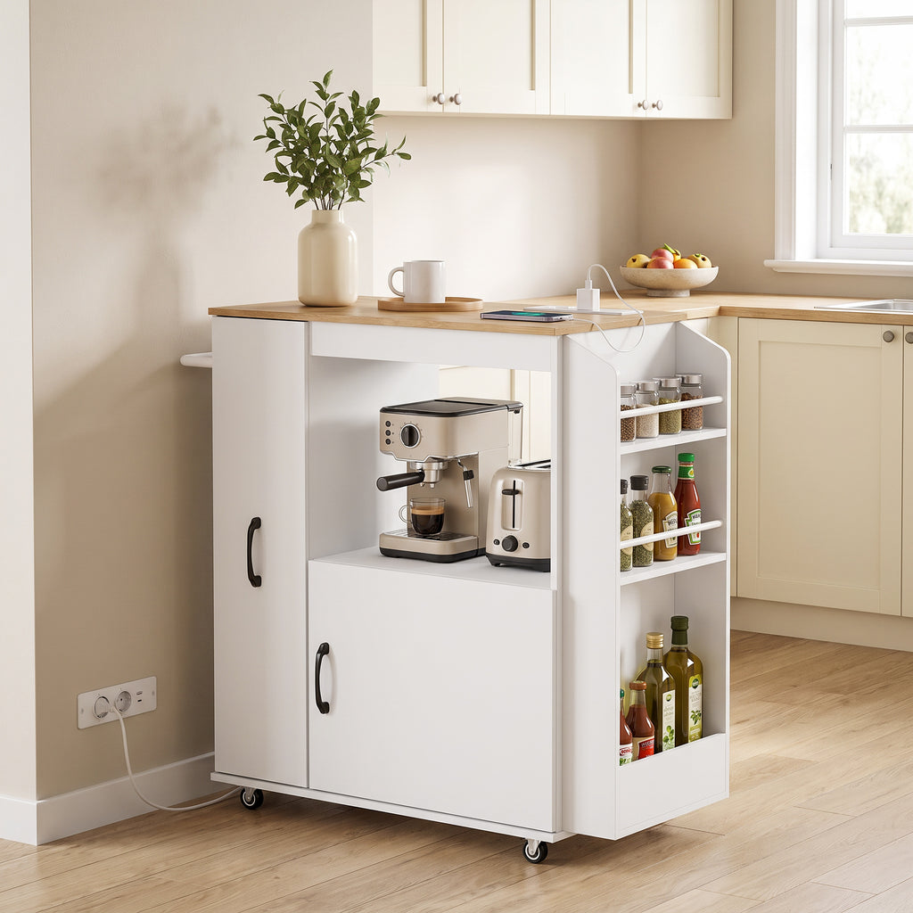 Carrello da Cucina Bianco con Presa di Corrente