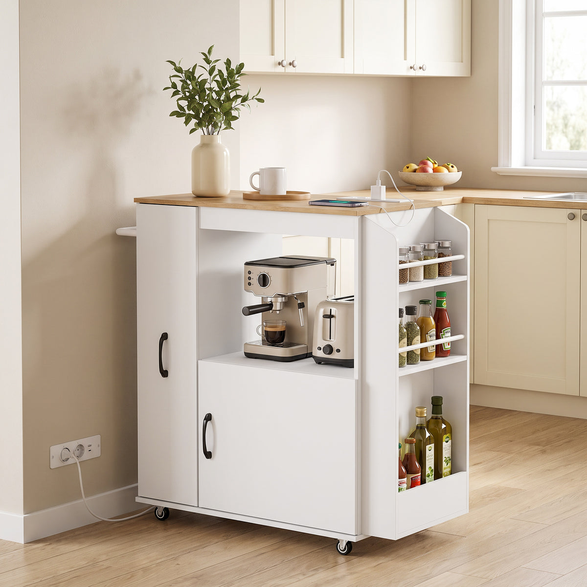 Carrello da Cucina Bianco con Presa di Corrente