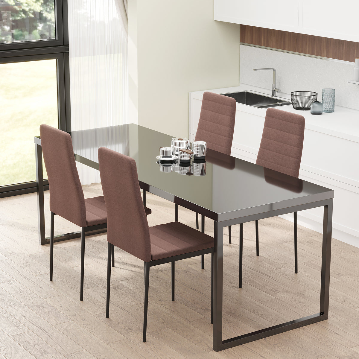 Set 4 Sedie Imbottite Moderne in Metallo e Tessuto Khaki