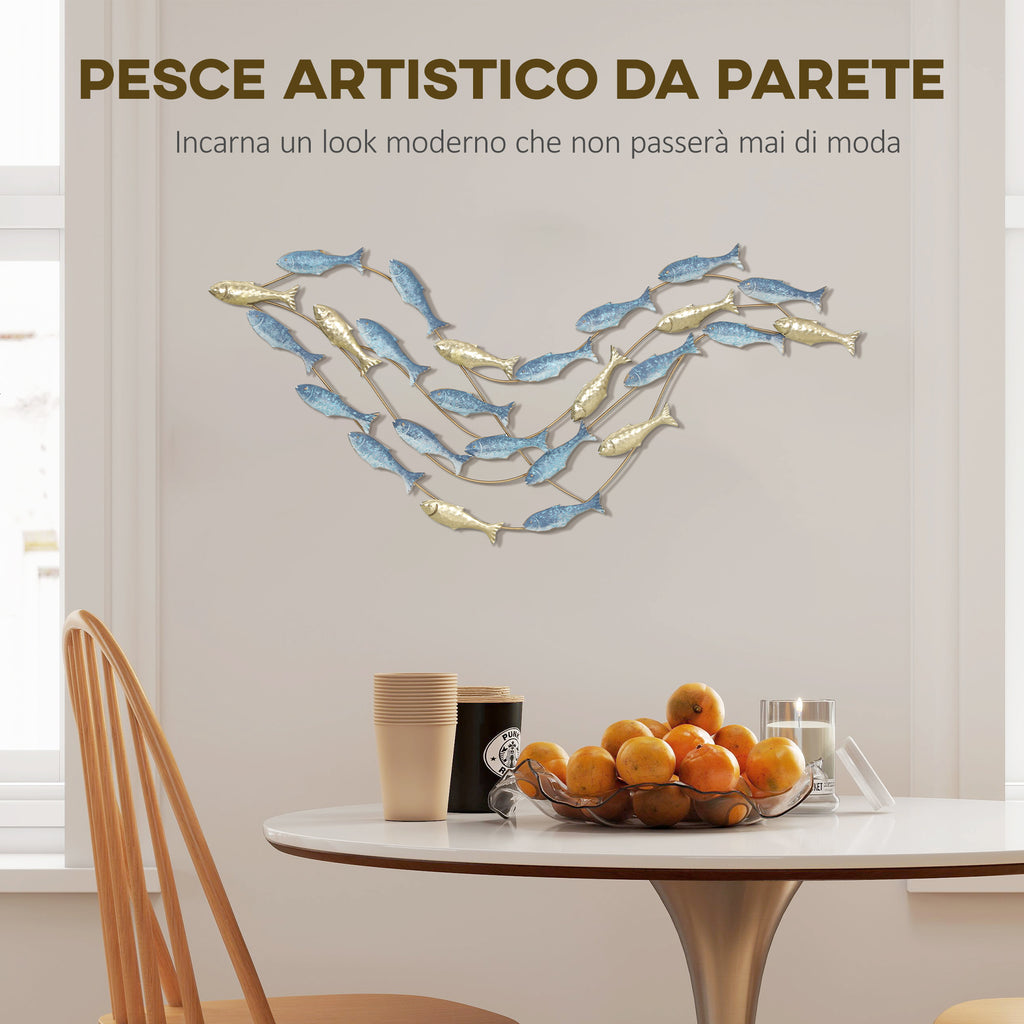 Decorazione Murale Banco di Pesci in Metallo Oro e Blu