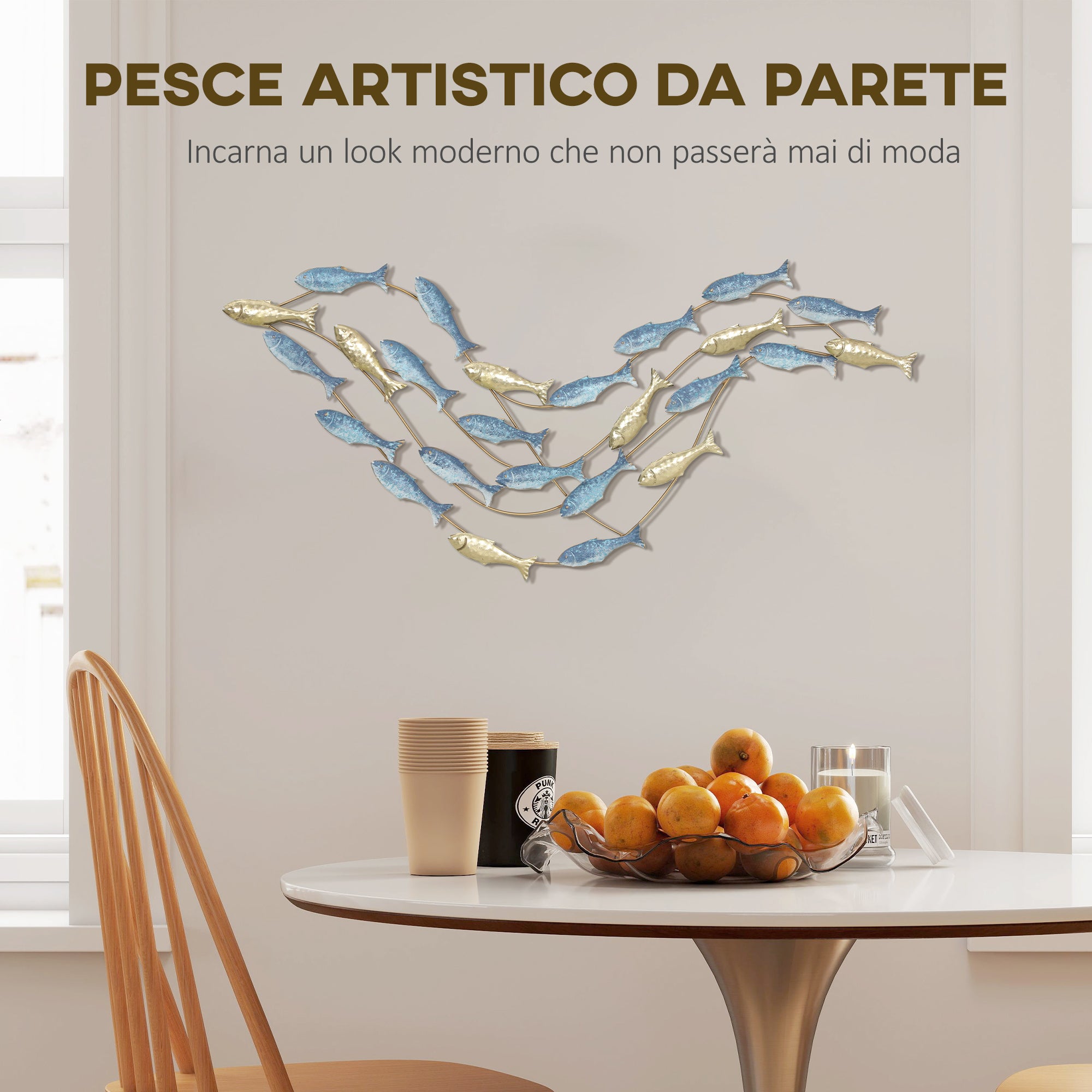 Decorazione Murale Banco di Pesci in Metallo Oro e Blu