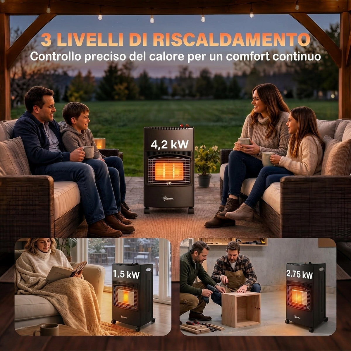 Stufa a Gas 4,2 kW con 3 Livelli di Calore e Sicurezza