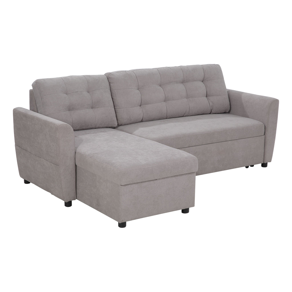 Divano Letto Angolare 3 Posti con Chaise Longue Contenitore in Tessuto Effetto Lino Grigio
