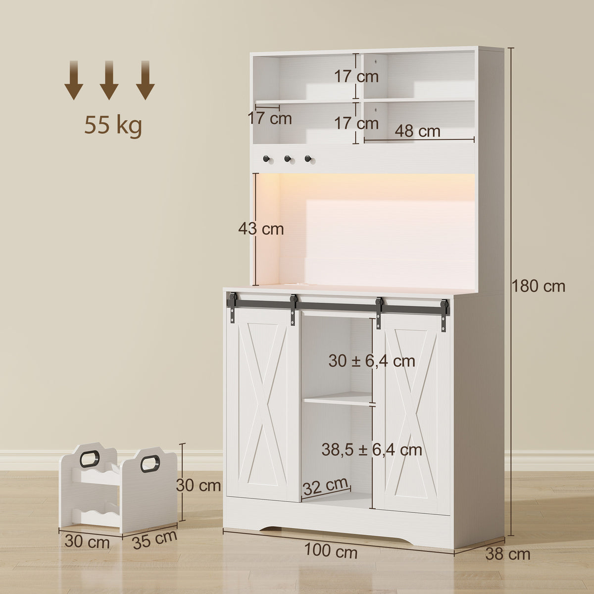 Credenza Cucina con LED, Prese Elettriche e Portabottiglie