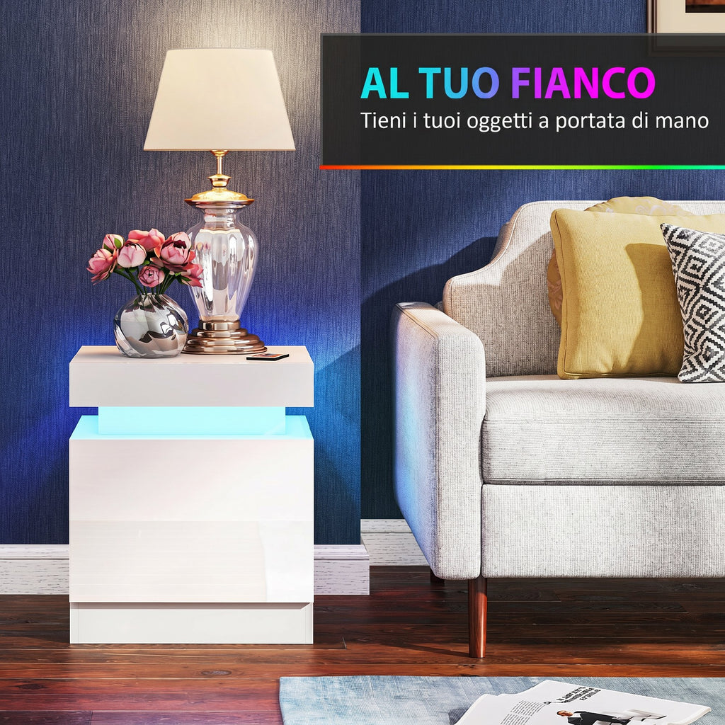 Set 2 Comodini LED a 16 Colori con 2 Cassetti in Legno