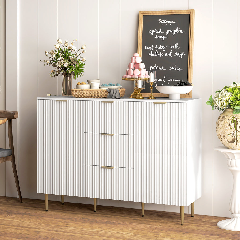 Credenza Moderna con 3 Cassetti, 2 Armadietti e Ripiani Regolabili in Legno e Metallo