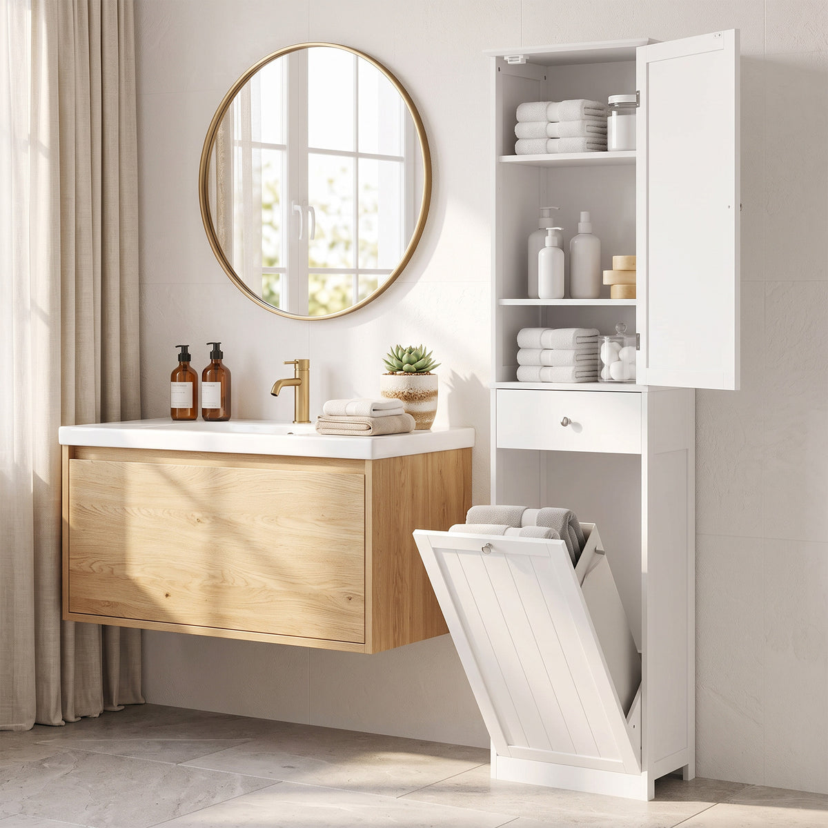 Mobile Bagno a Colonna 180 cm con Cesto Portabiancheria