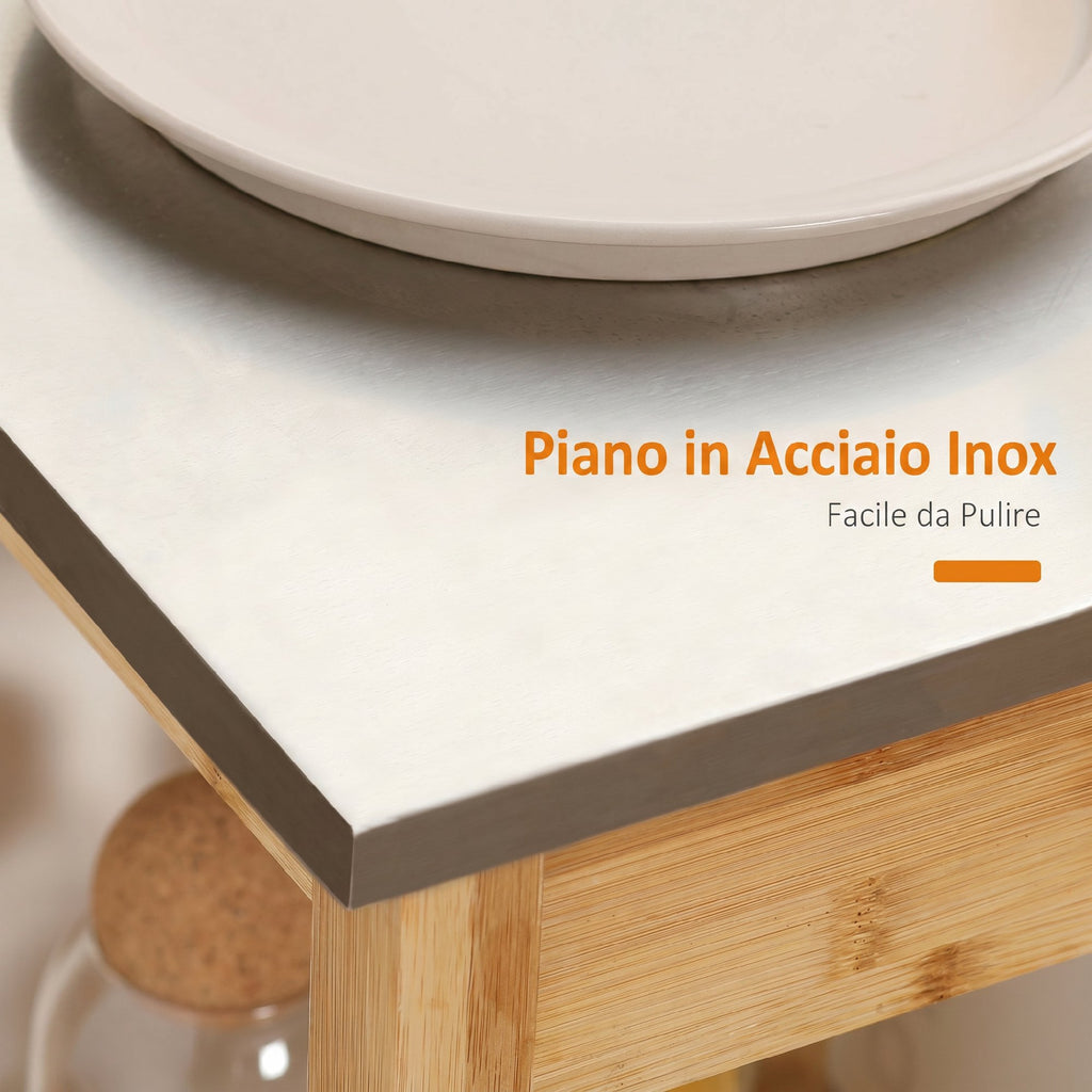 Carrello da Cucina in Bambù con Piano in Acciaio Inox