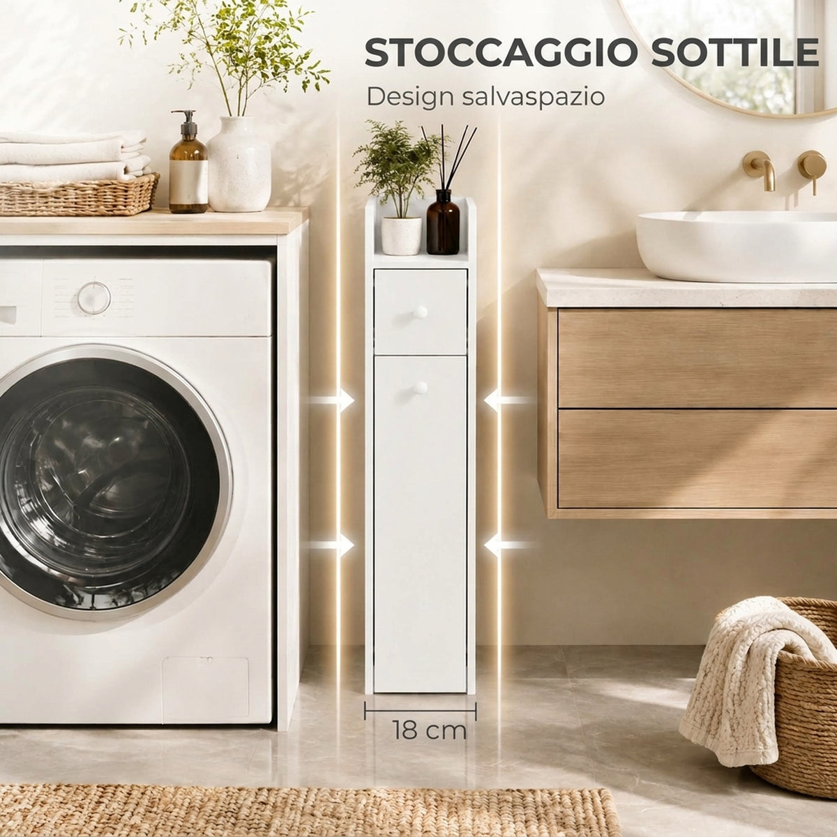 Mobiletto Bagno Salvaspazio Bianco con Cassetti e Ruote