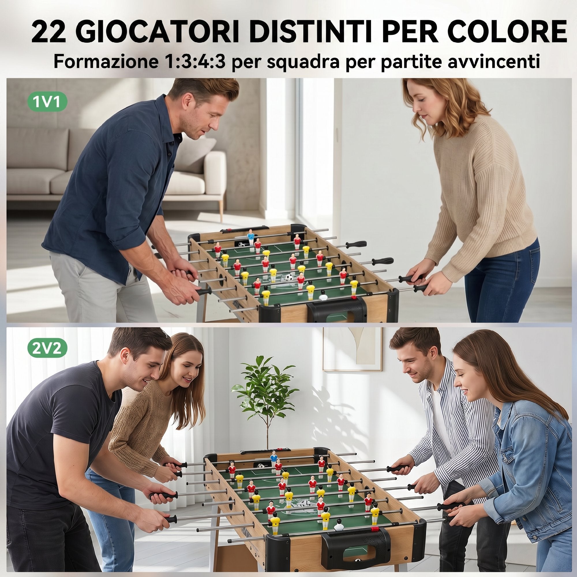 Calcio Balilla con 22 Giocatori, Palline e Segnapunti Manuale, Rovere e Giallo