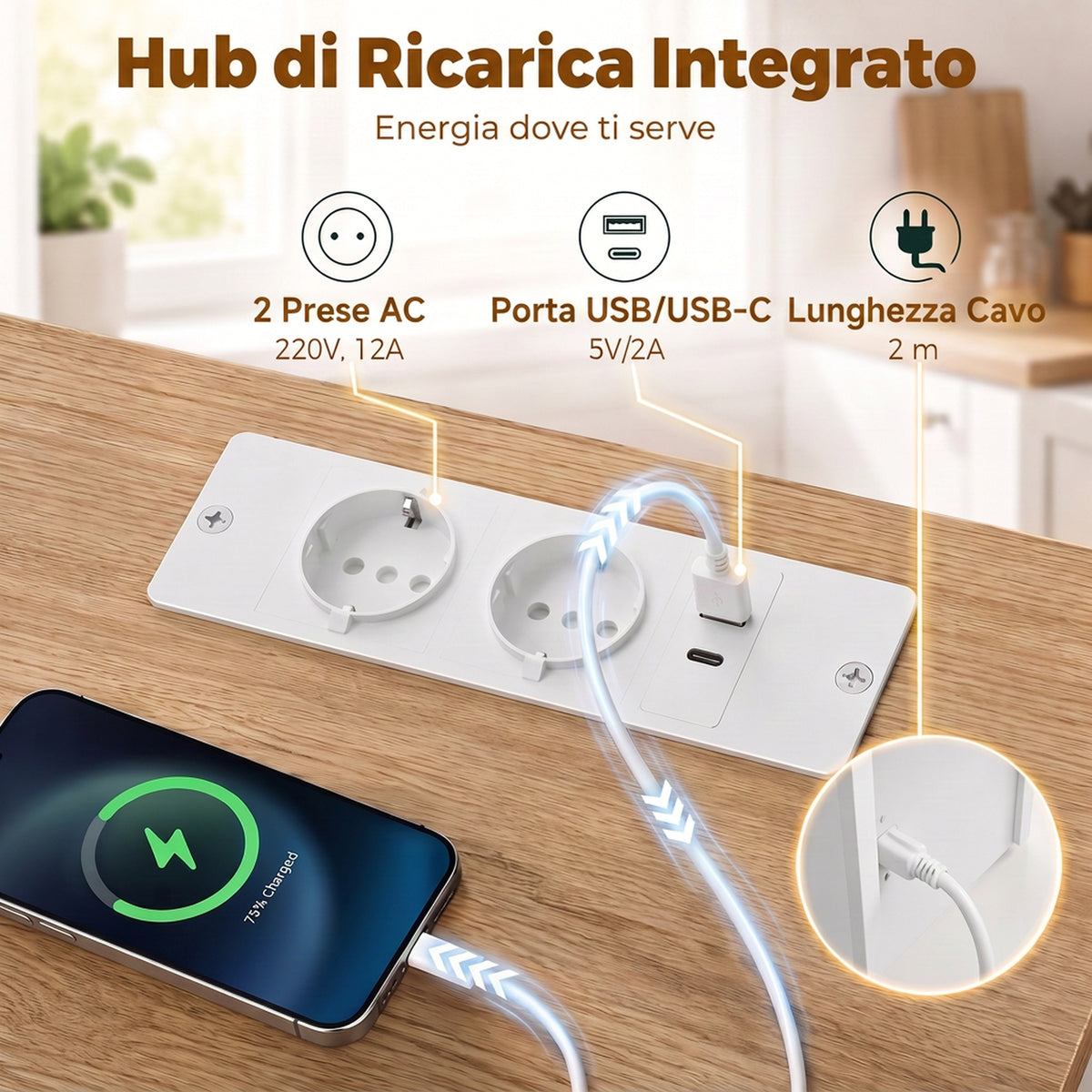 Carrello da Cucina Bianco con Presa di Corrente