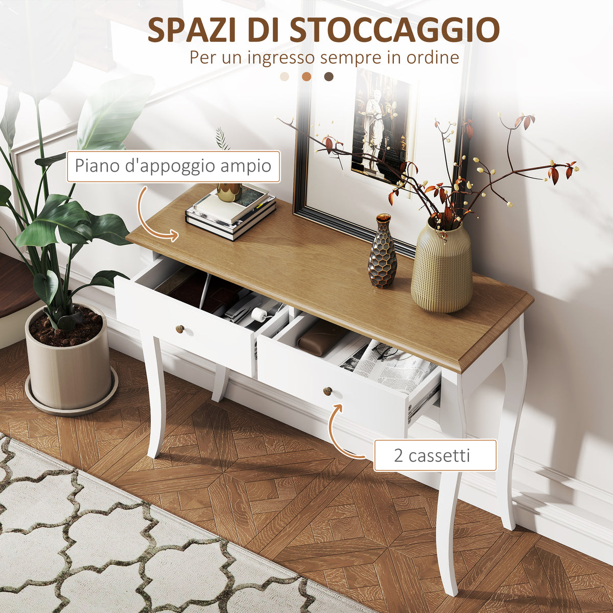 Consolle Moderna con 2 Cassetti Bianco e Marrone