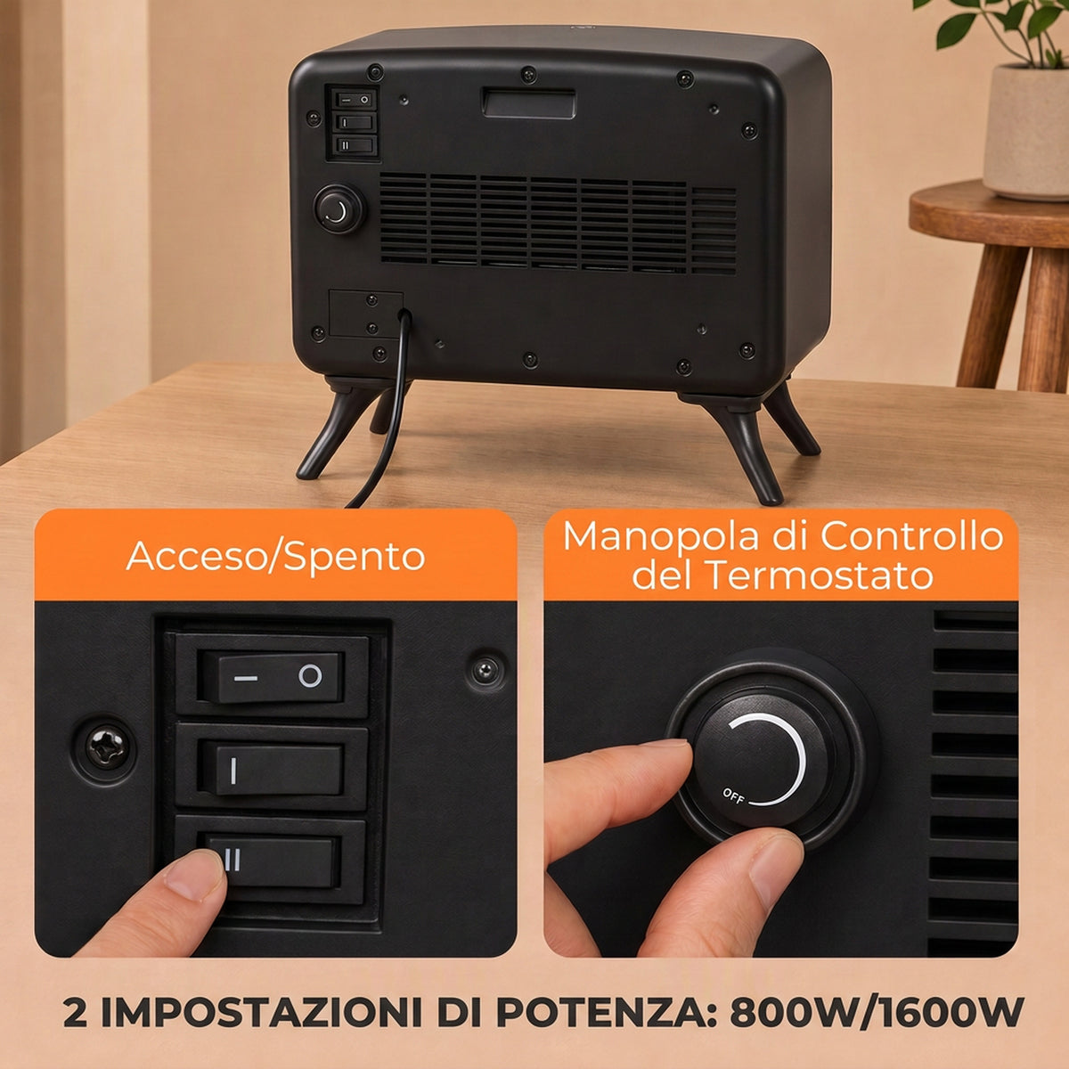 Caminetto Elettrico da Tavolo 1600W con Effetto Fiamma LED