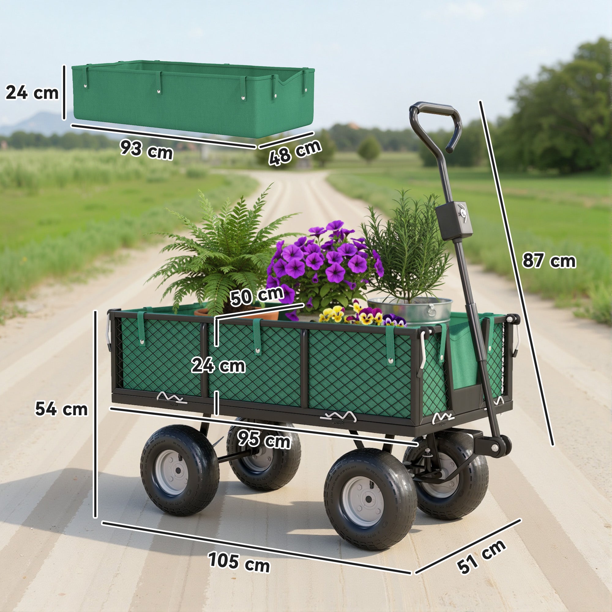 Carrello da Giardino in Acciaio 114 L con Pareti Rimovibili e Sacca Portaoggetti