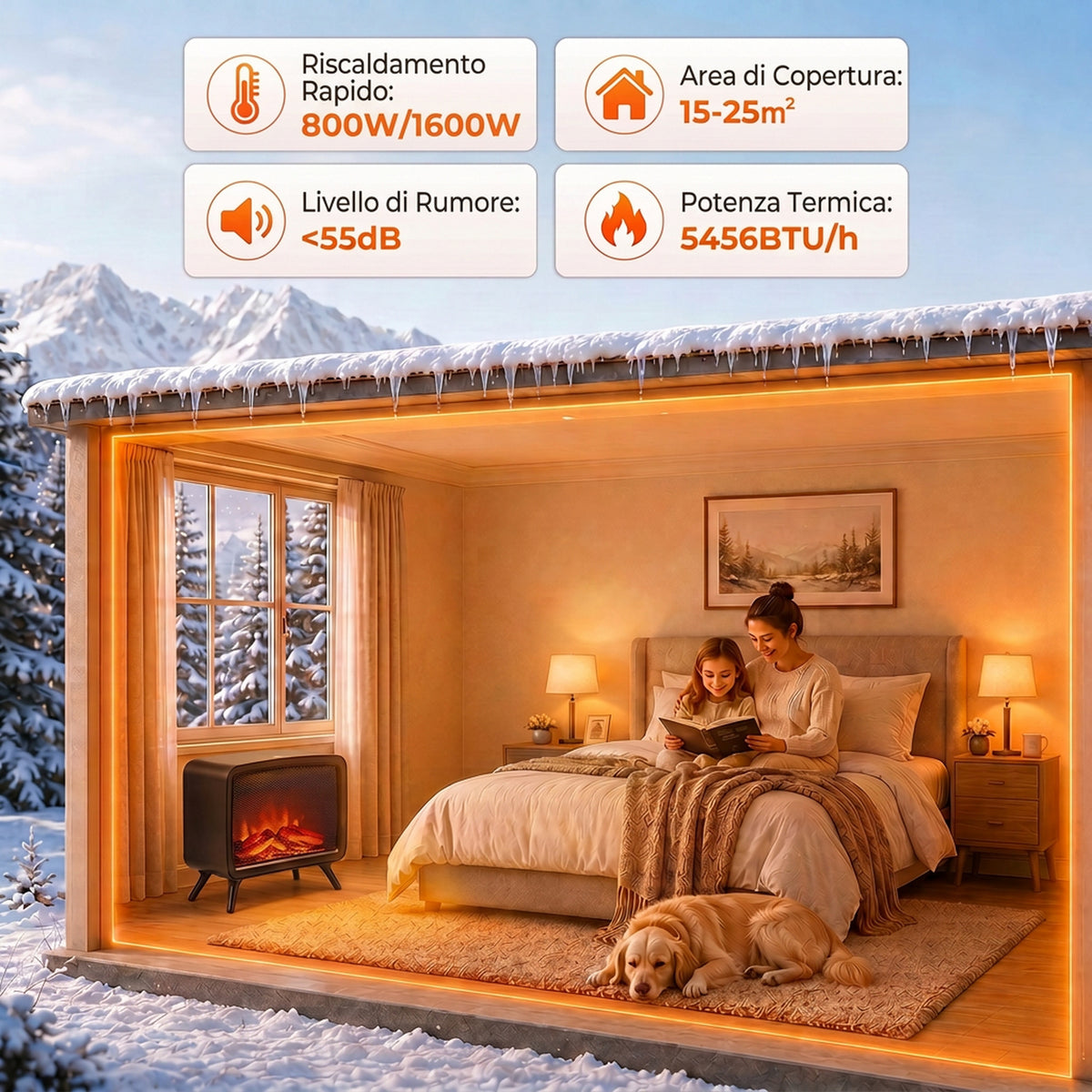 Caminetto Elettrico da Tavolo 1600W con Effetto Fiamma LED