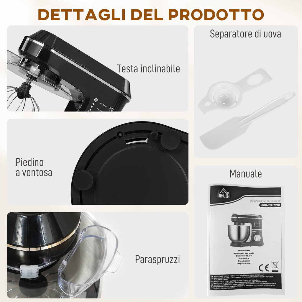 Impastatrice Planetaria 1400W con Ciotola 7 L e 6 Velocità
