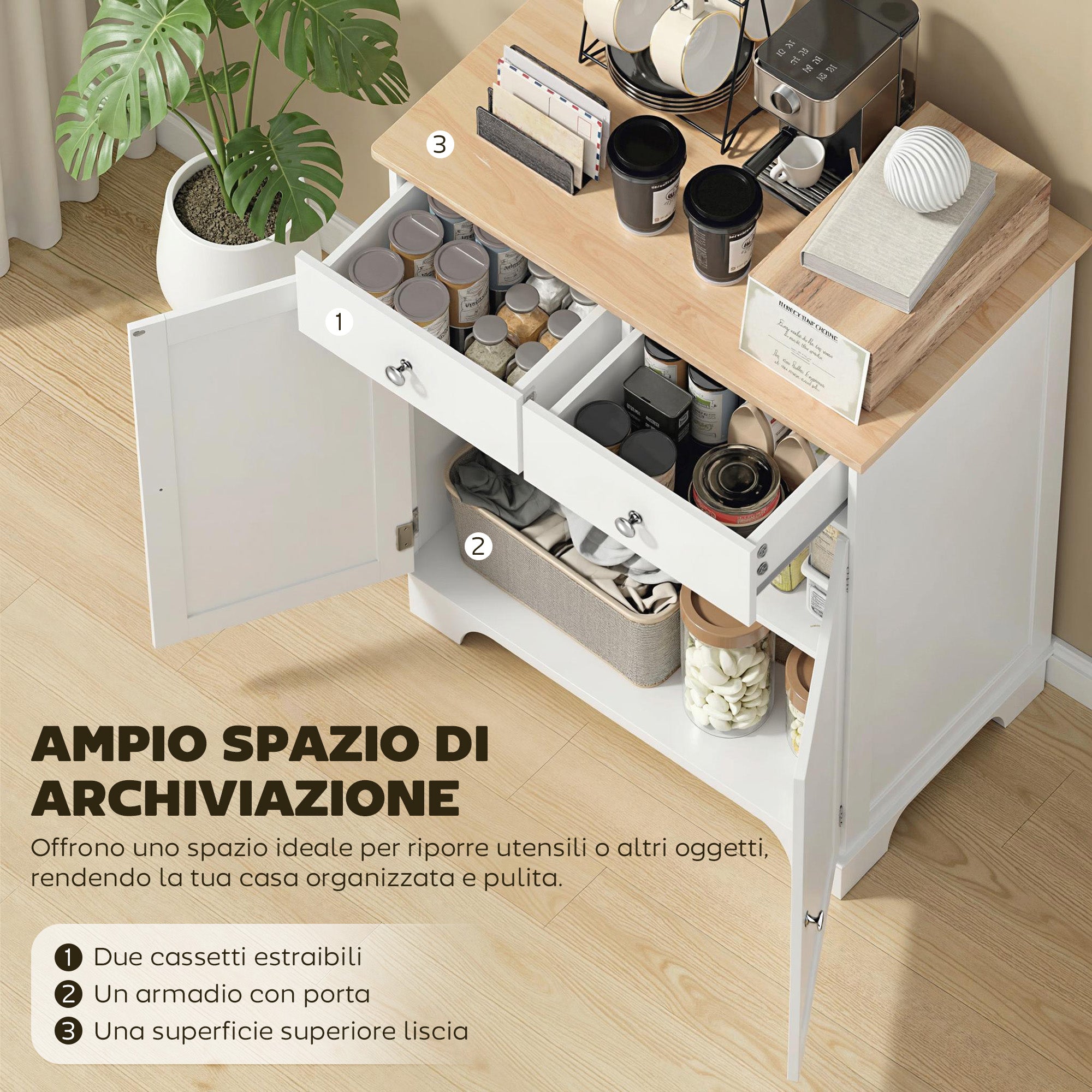 Buffet Multiuso con 2 Cassetti, 2 Ante, Mensola Regolabile e Piano in Legno di Hevea