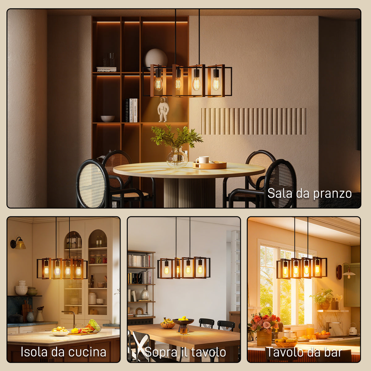 Lampadario Rustico Nero e Marrone a 4 Cornici