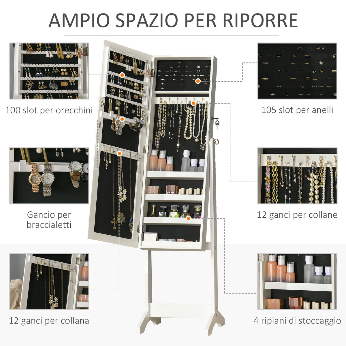 Armadietto Portagioielli con Specchio e Serratura