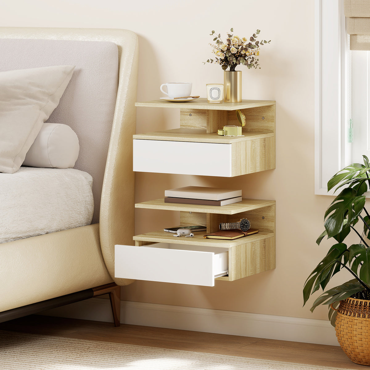 Set 2 Comodini Sospesi Rovere e Bianco