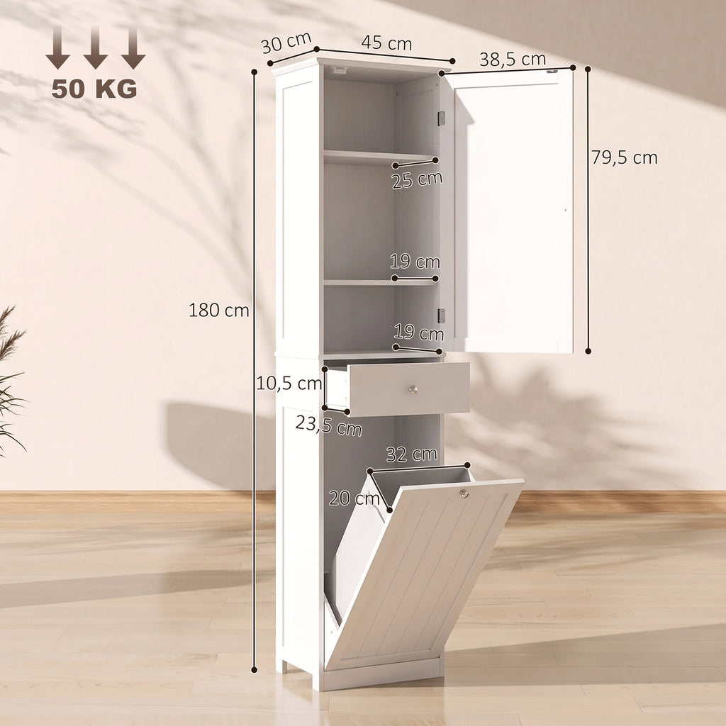 Mobile Bagno a Colonna 180 cm con Cesto Portabiancheria