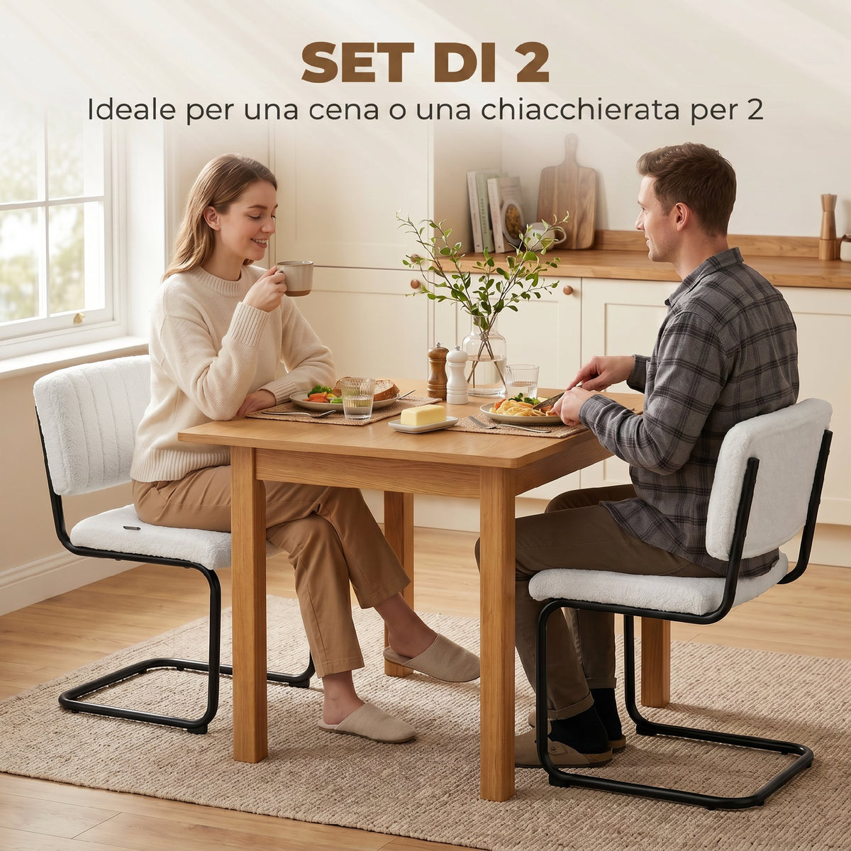 Set 2 Sedie da Pranzo Teddy Bianco Crema Imbottite