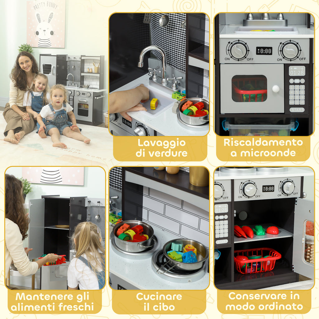Cucina Giocattolo in Legno per Bambini con Frigo, Lavandino e Accessori