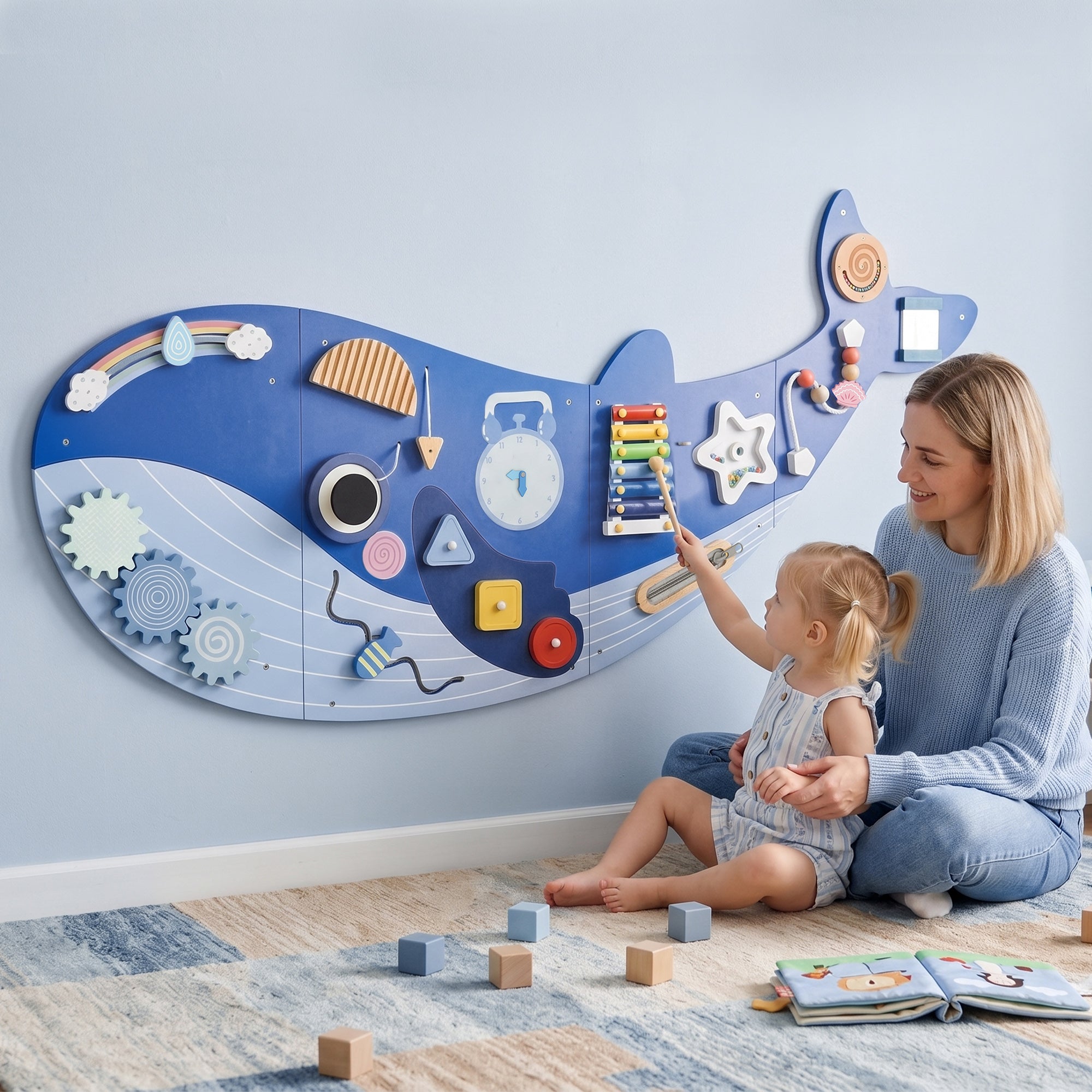 Busy Board Montessori in Legno 13 in 1 – Pannello Sensoriale da Parete per Bambini dai 2 Anni – Balena Blu