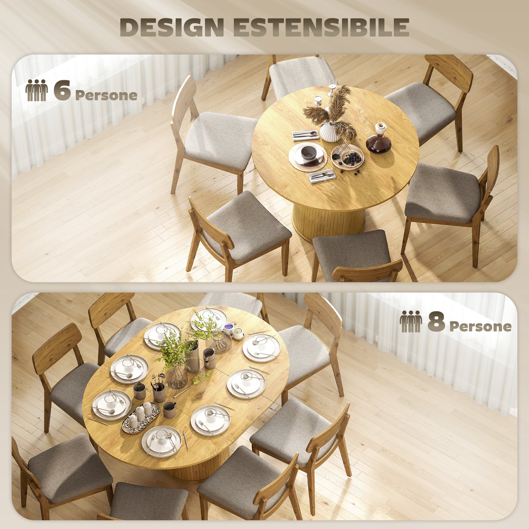 Tavolo da Pranzo Espandibile Rotondo/Ovale per 6-8 Persone con Base a Piedistallo