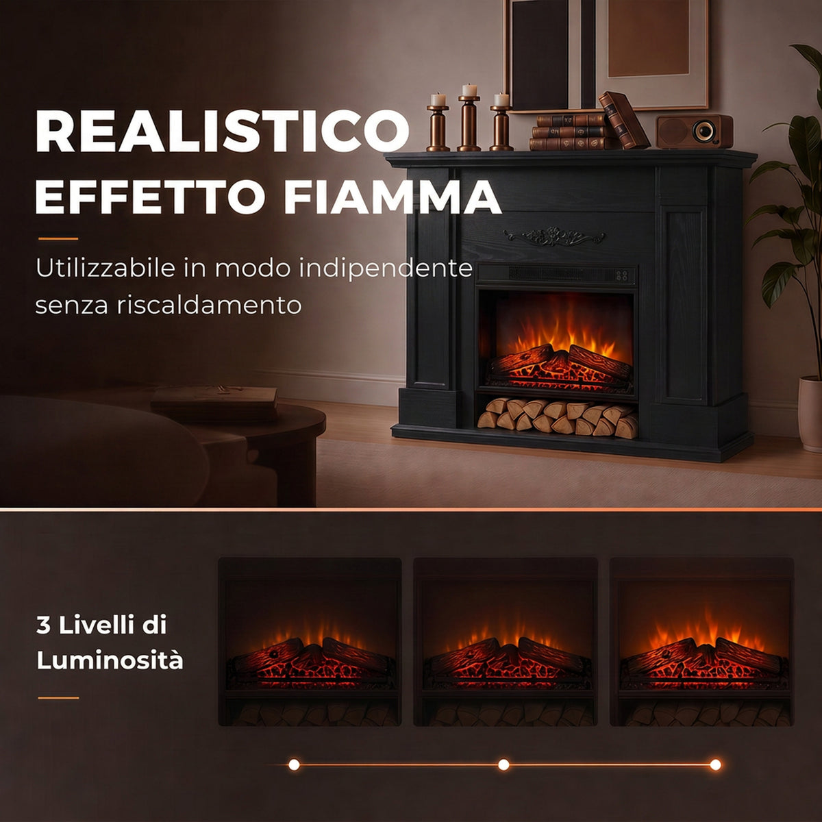 Camino Elettrico da Terra con Cornice e Ripiano TV 55"