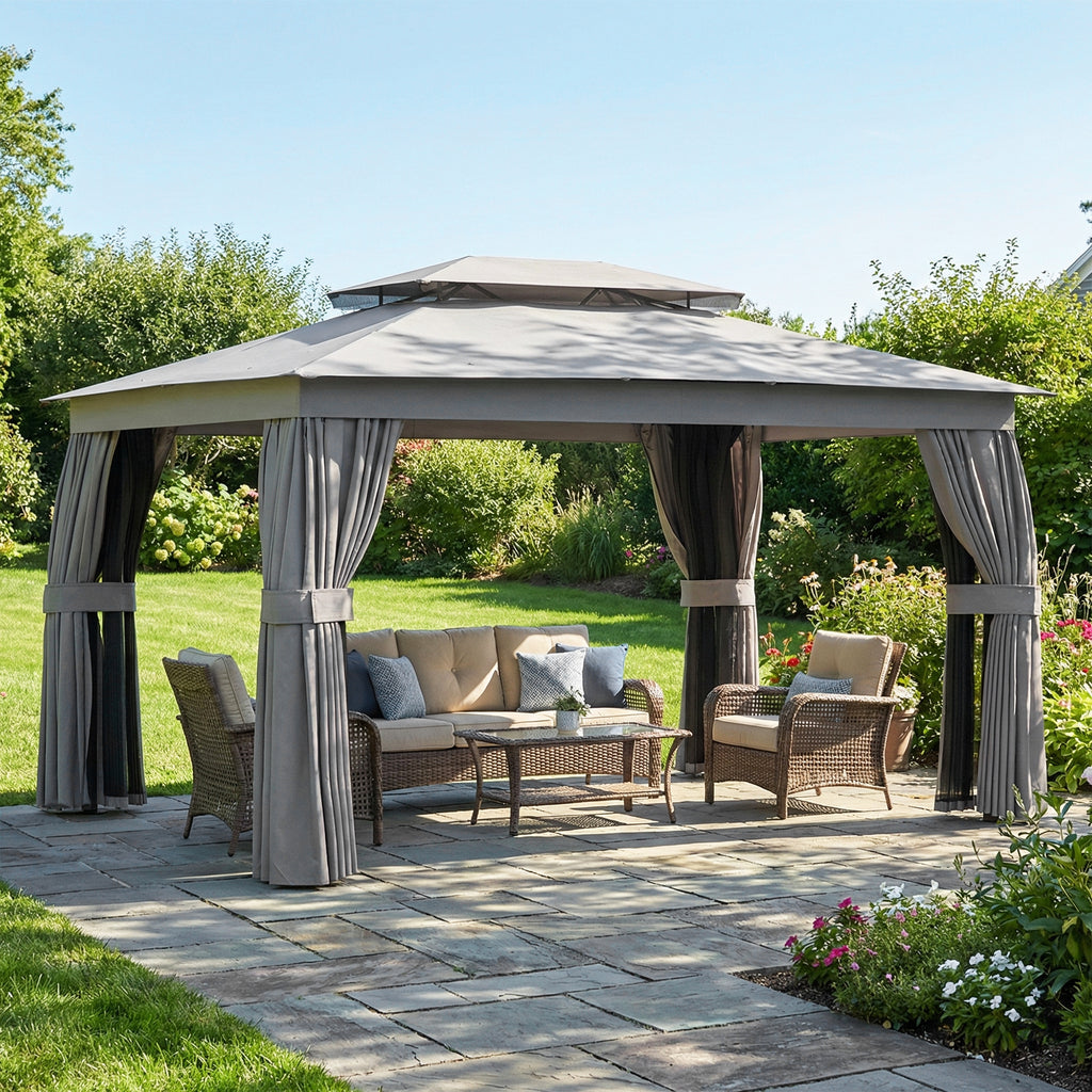 Gazebo da Giardino 3,8 x 3 m con Doppio Tetto e Tende Laterali