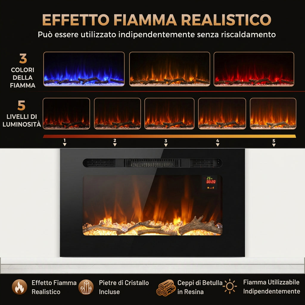 Caminetto Elettrico da Incasso o Parete 60 cm 1800W